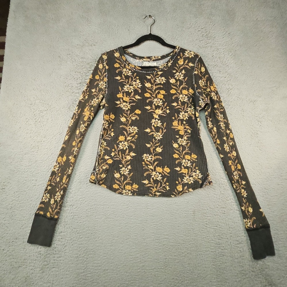 We The Free People Thermal Top Womens L Floral Waffle Knit Thumbholes Boho